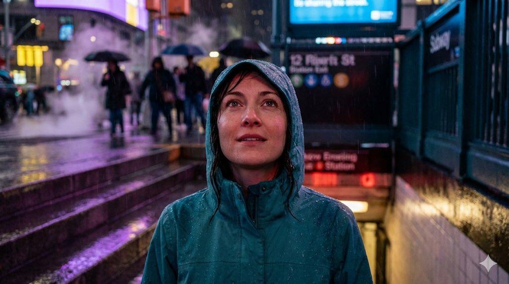 Neon Rain Subway Exit Portrait Prompt 1