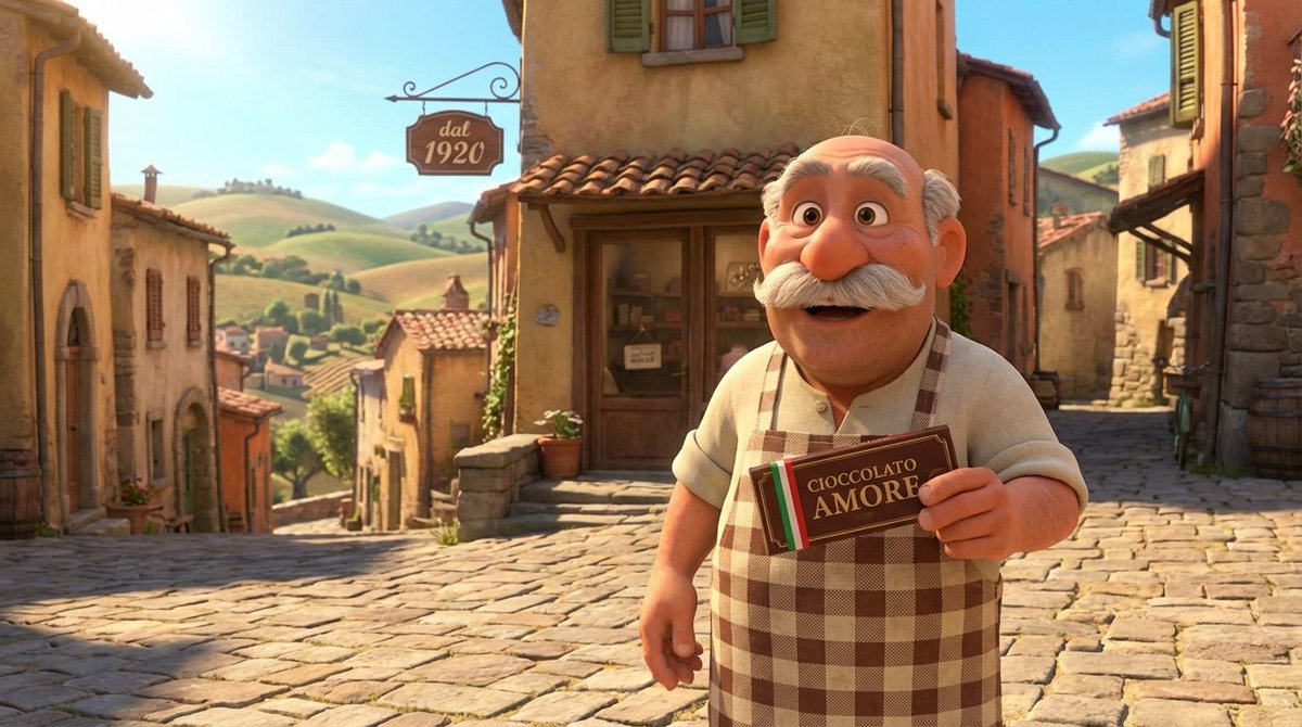 Pixar Style Italian Man in Front of Chocolate Shop 1