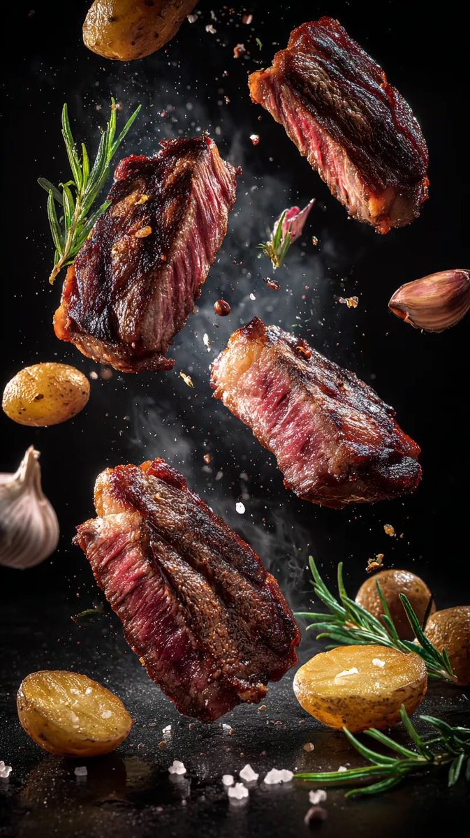 Cinematic Food Photography Prompts for Floating Steak and Shrimp 2