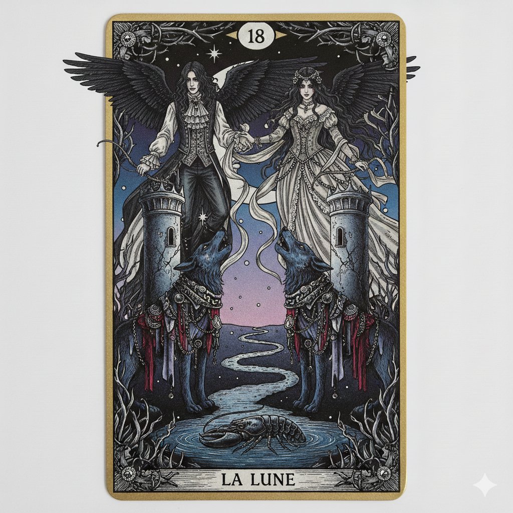 Nano Banana Pro Prompt: Tarot Card 18 (The Moon) with Mális Mizer and Pisces 2