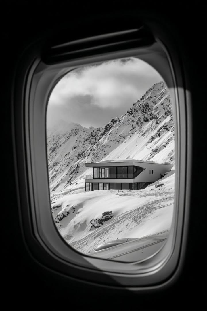 Black and White Futuristic House from Airplane Window 2