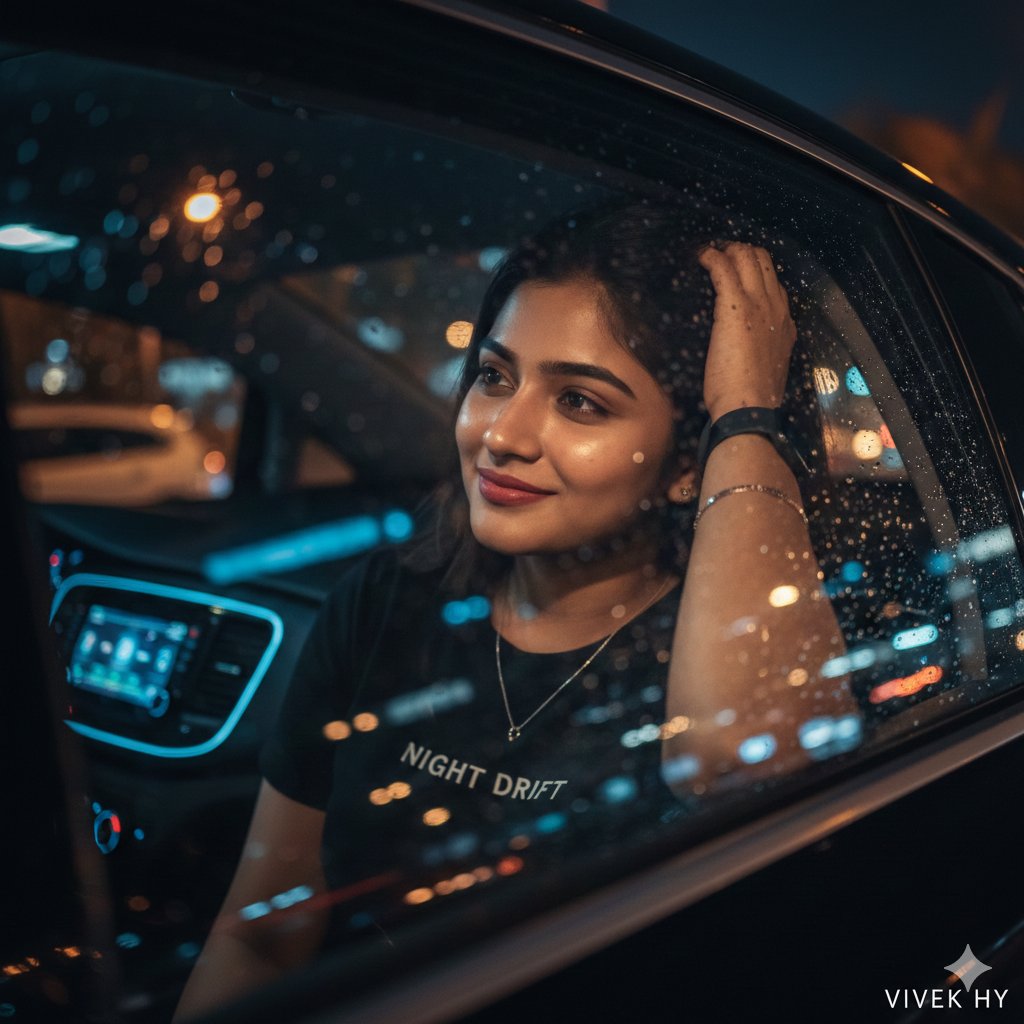 Nighttime Cinematic Portrait Through Car Window 1