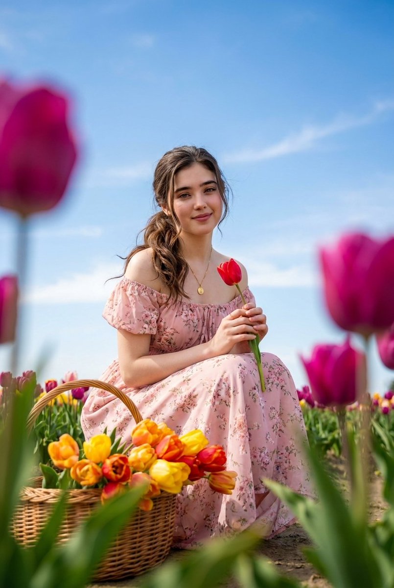 Brunette Woman in Tulip Field Portrait 1