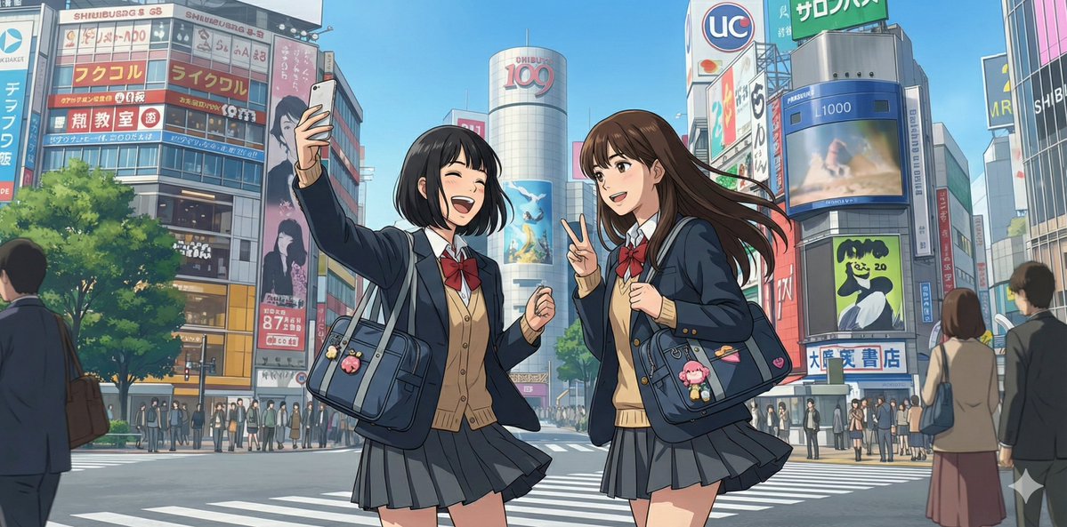 NanoBananaPro Image Generation Prompt: Two High School Girls in Shibuya 2
