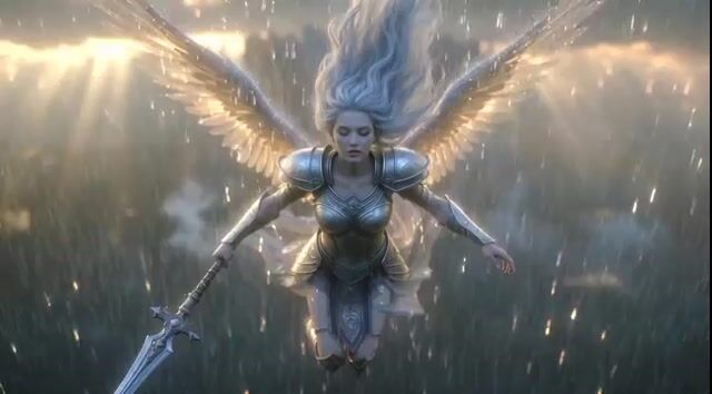 Video generation prompt: Celestial Valkyrie descending to Earth in the rain 1