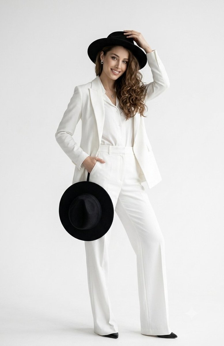 Elegant White Pantsuit Studio Portrait 1