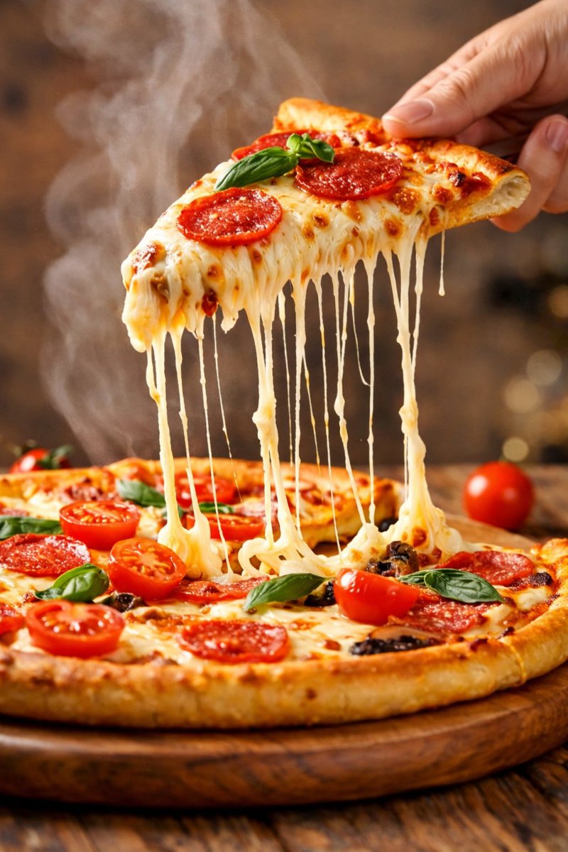 Hyper-realistic close-up of a pepperoni pizza slice with dramatic cheese pull 1