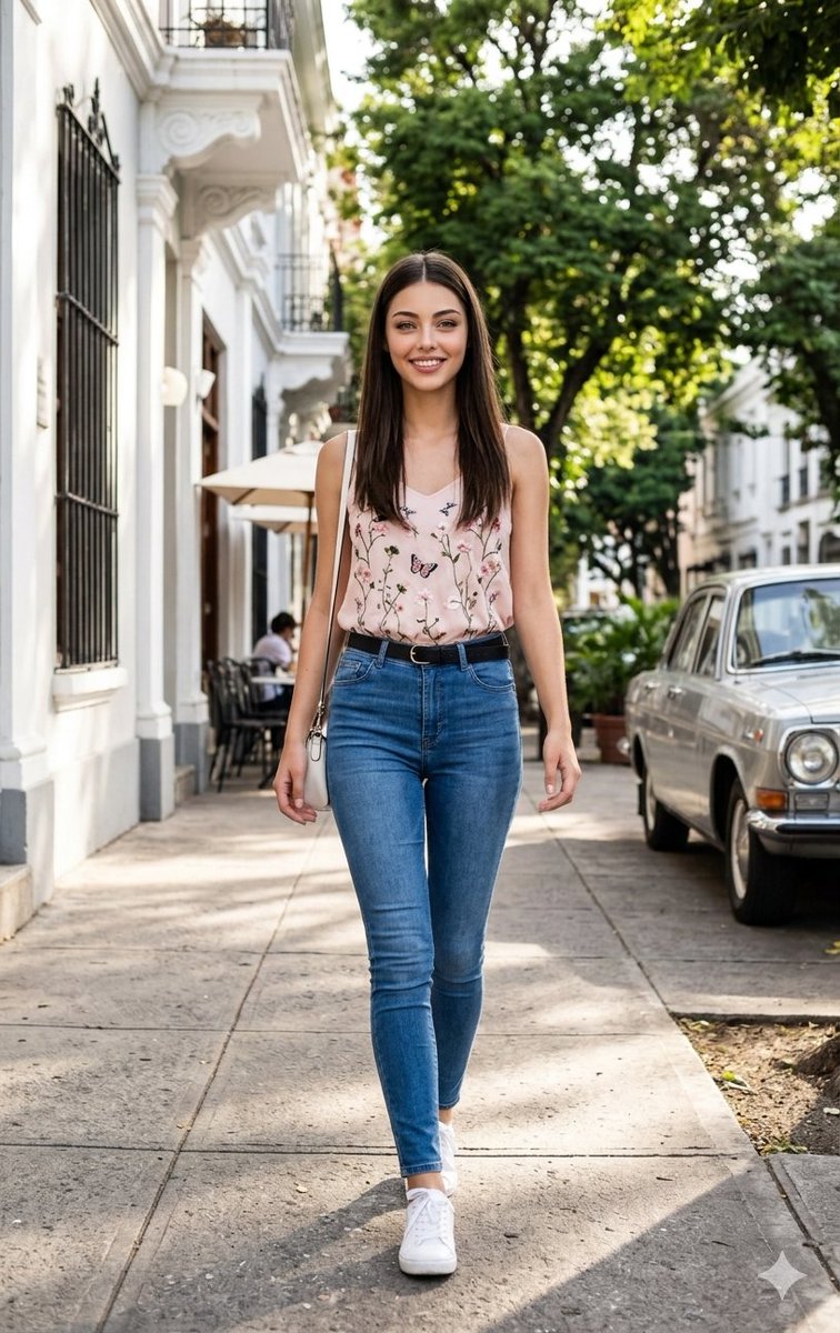 Woman Walking on City Sidewalk 1