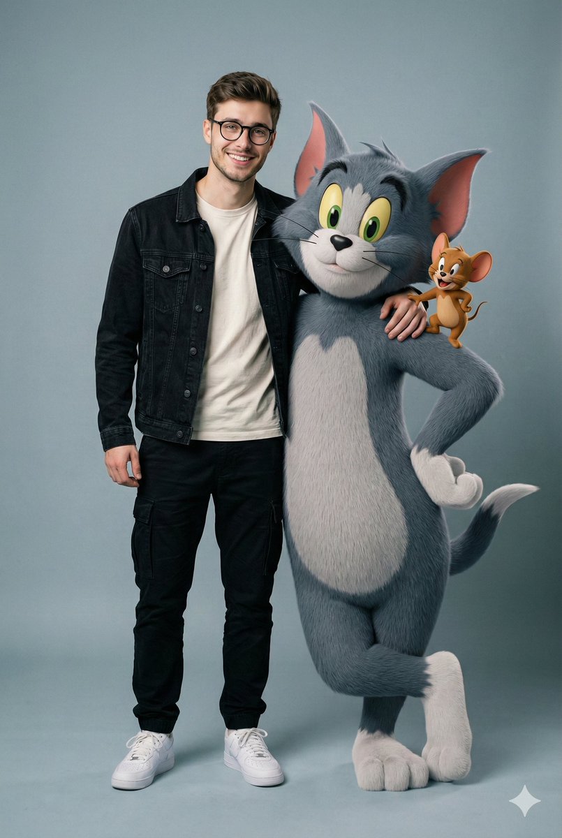 Hyper-realistic image prompt featuring a person with Tom and Jerry in a studio setting 1