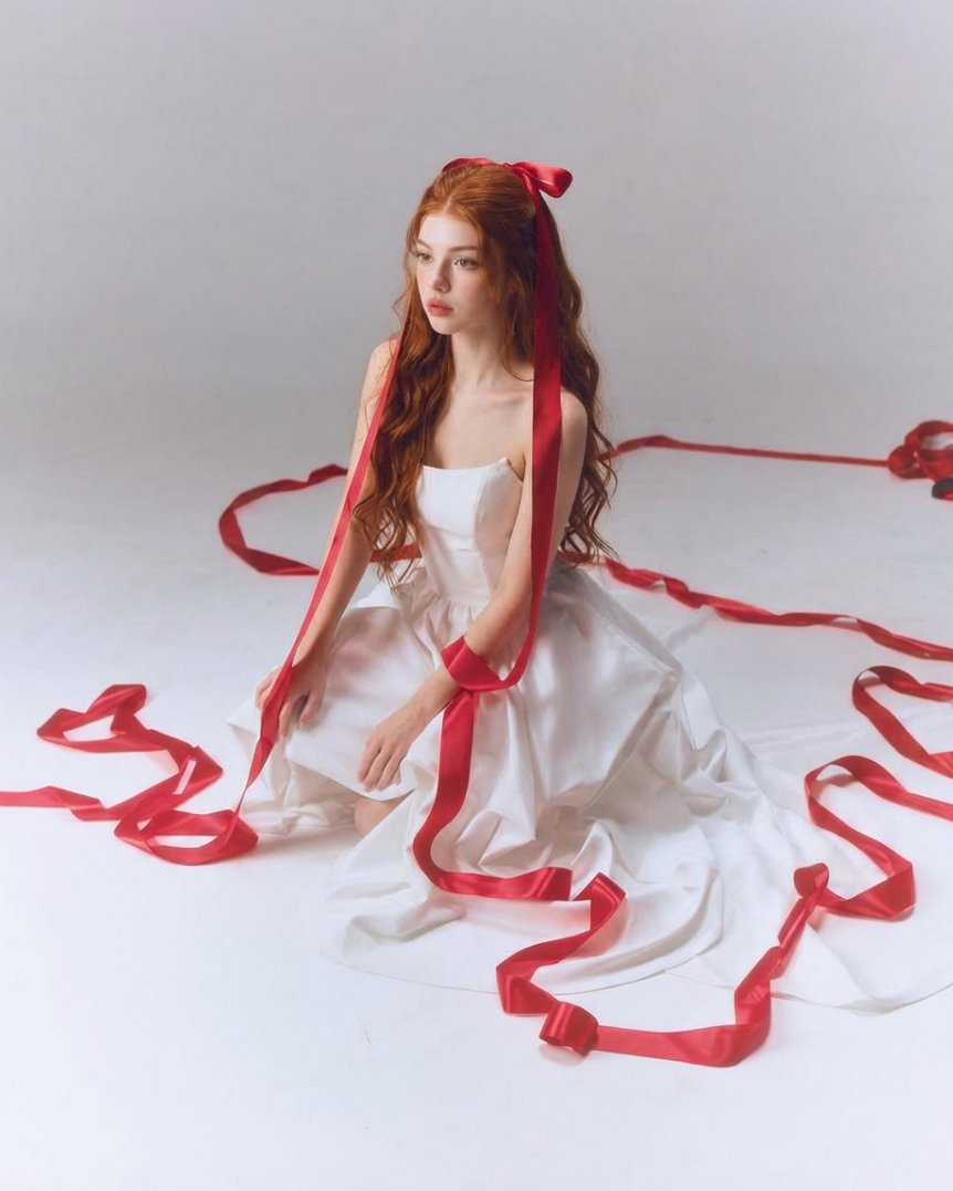 Fine-Art Studio Portrait with Red Ribbons 1