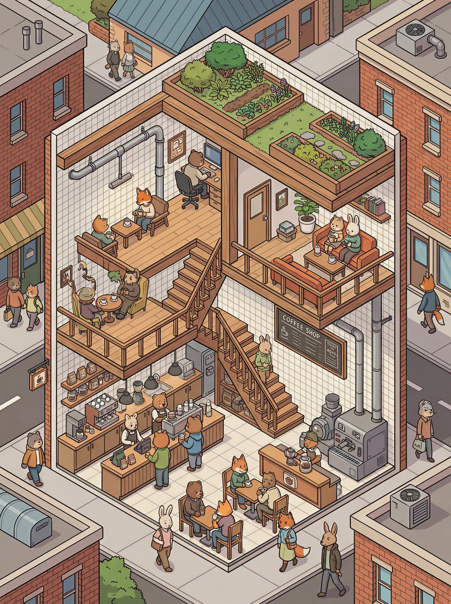 Isometric 2.5D Architectural Slice Illustration of an Animal Community 3