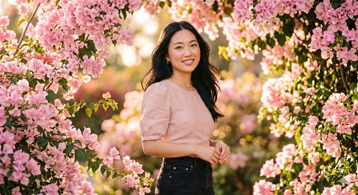 Ethereal 8K Portrait with Bougainvillea Blossoms Prompt 1