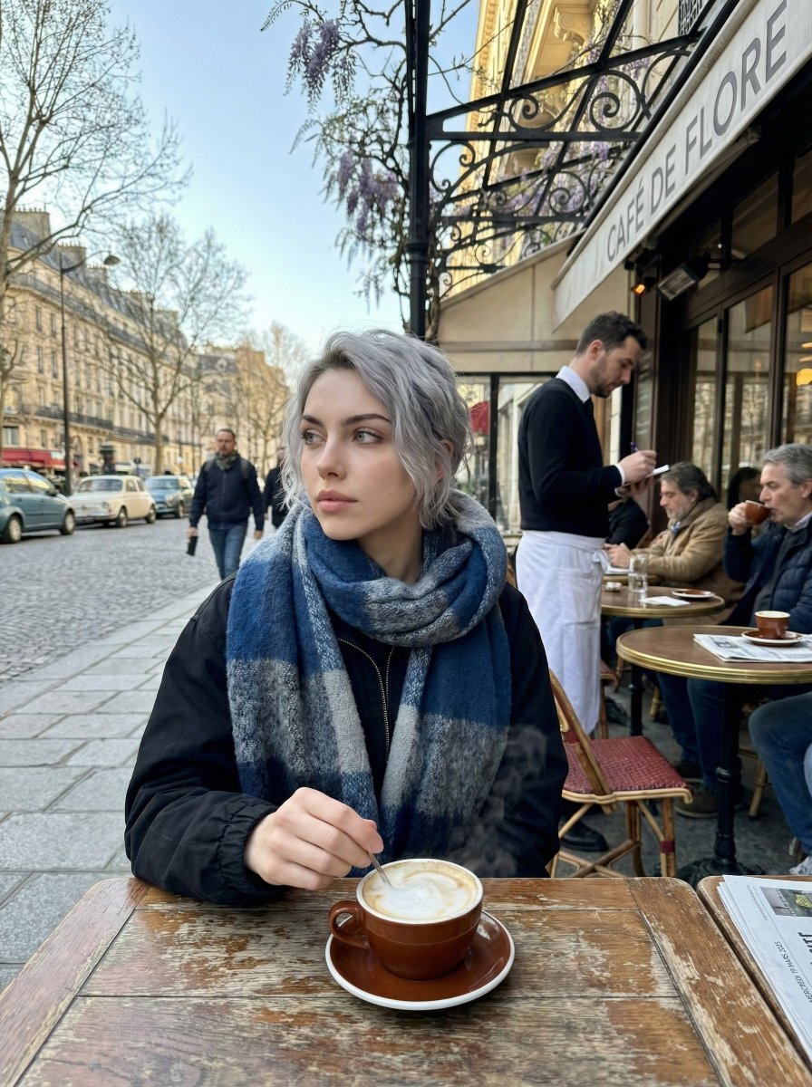 Paris Marais cafe terrace portrait prompt 1