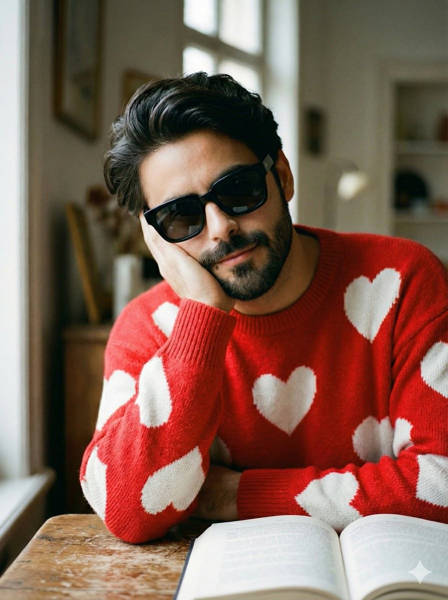 Intimate Portrait of Man Reading in Red Heart Sweater 1