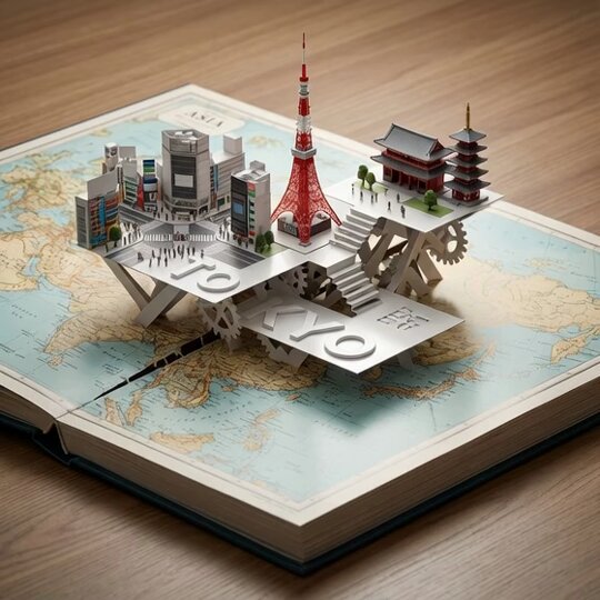 Product photography prompt for a Tokyo pop-up atlas scene 1