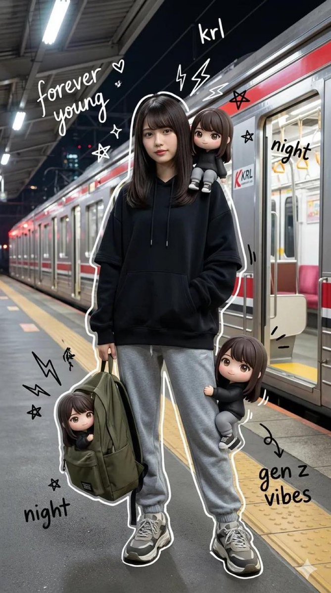 Mixed-Media Portrait of Gen Z Teenager with Chibi Clones 1