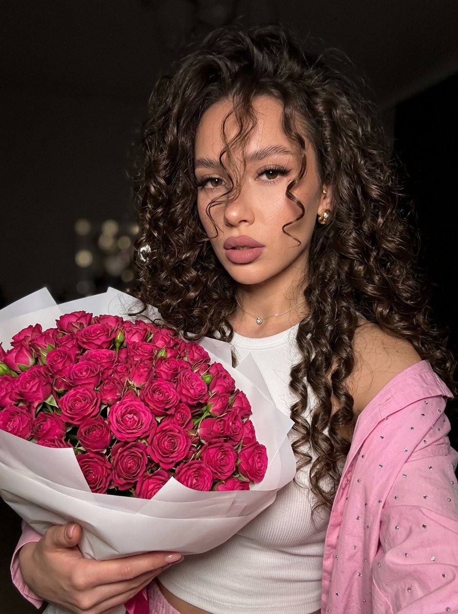 Curly Hair Rose Selfie Portrait 2