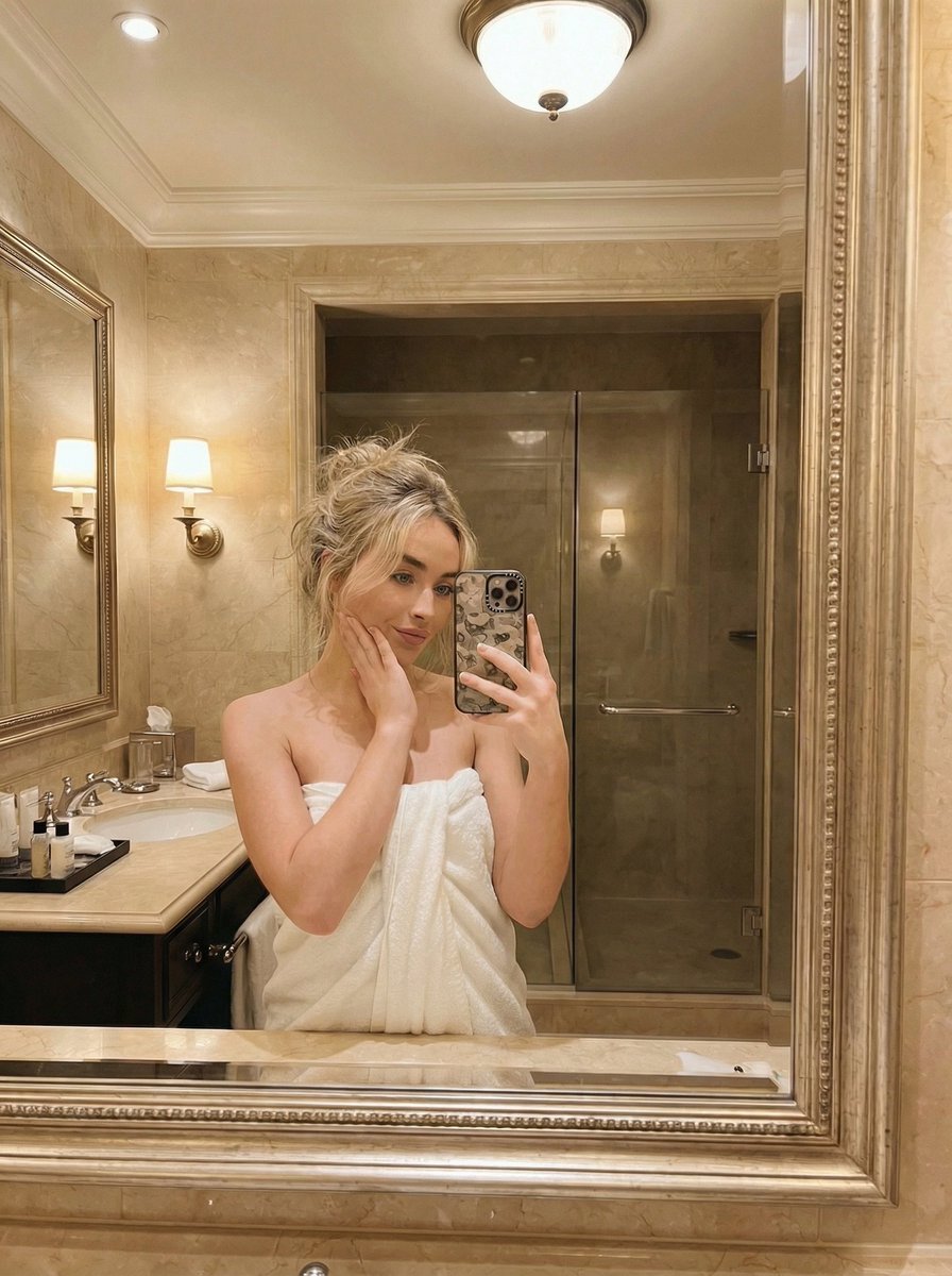 Sabrina Carpenter Mirror Selfie in a Bath Towel 2