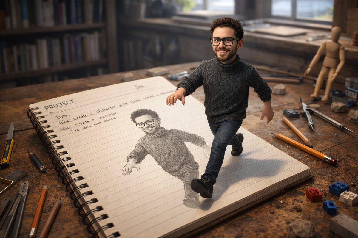 Character Stepping Out of a Sketchbook (Surreal Photo) 1