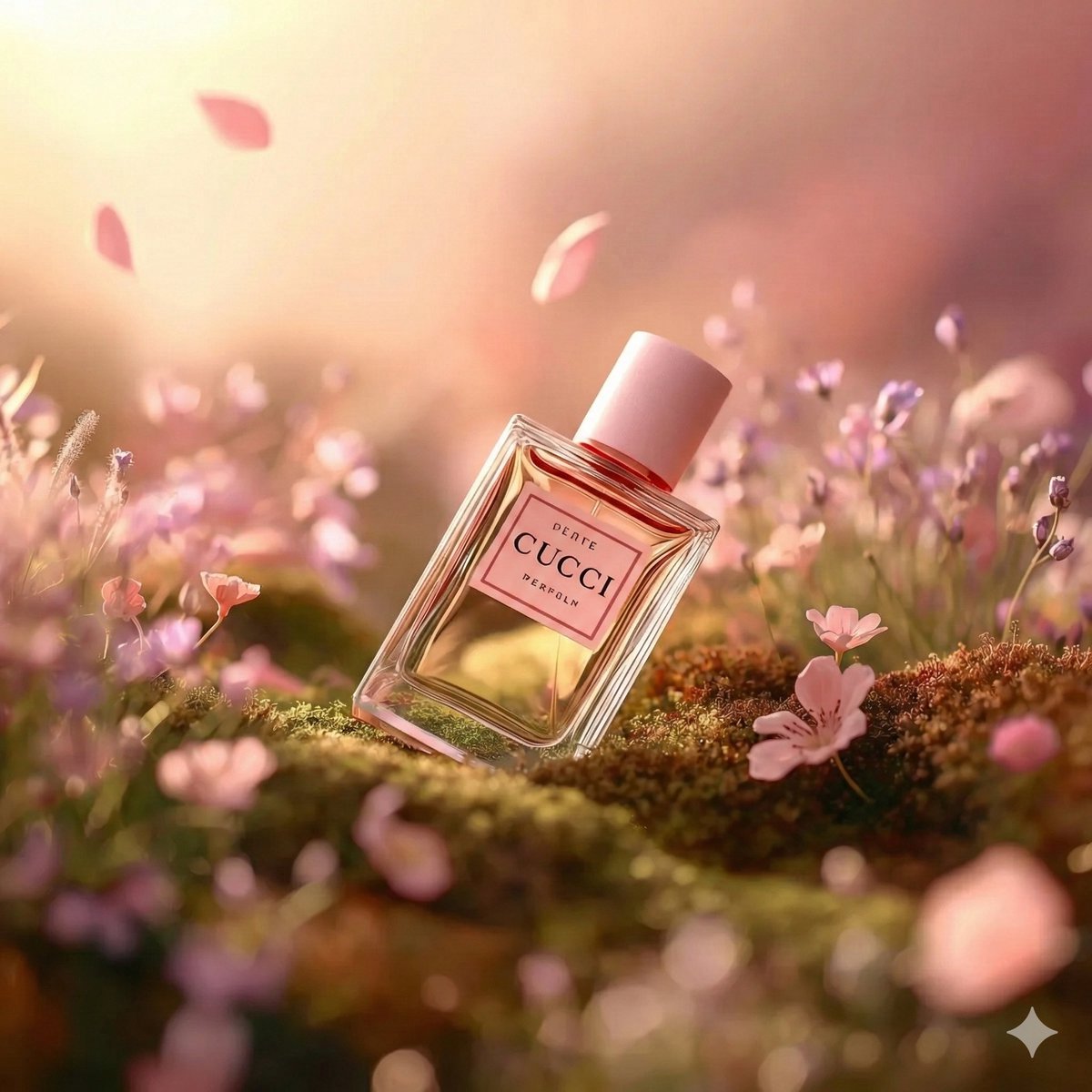 Hyper-realistic luxury perfume product shot in fantasy meadow 3