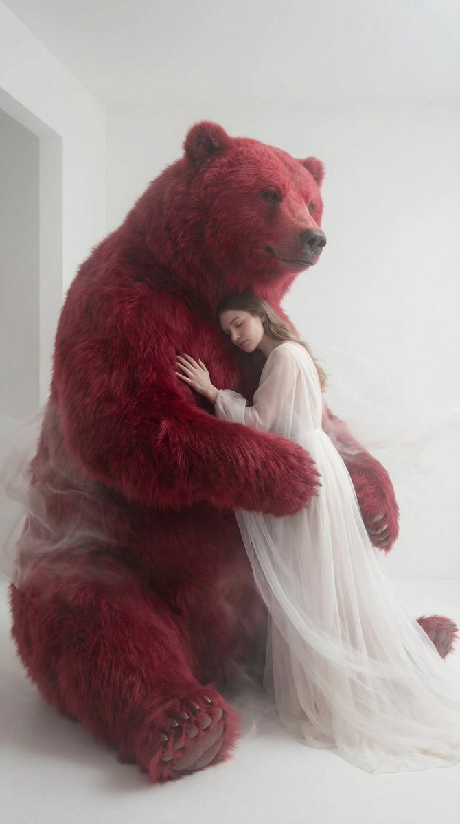 Surreal Scene of Human Embracing Massive Red Bear Prompt 3