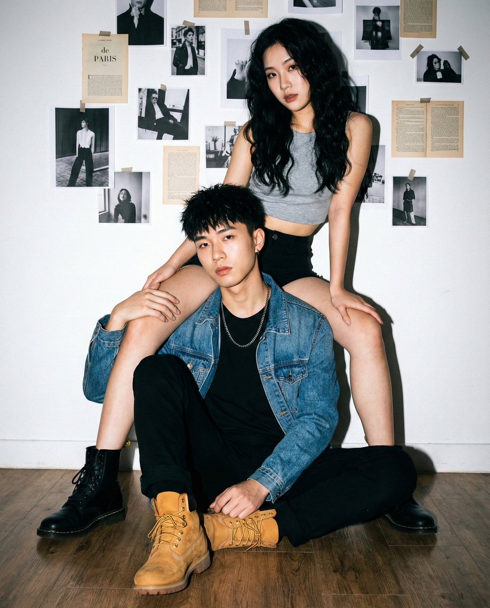 Edgy Asian Couple Portrait with Mismatched Boots and Flash Lighting 1