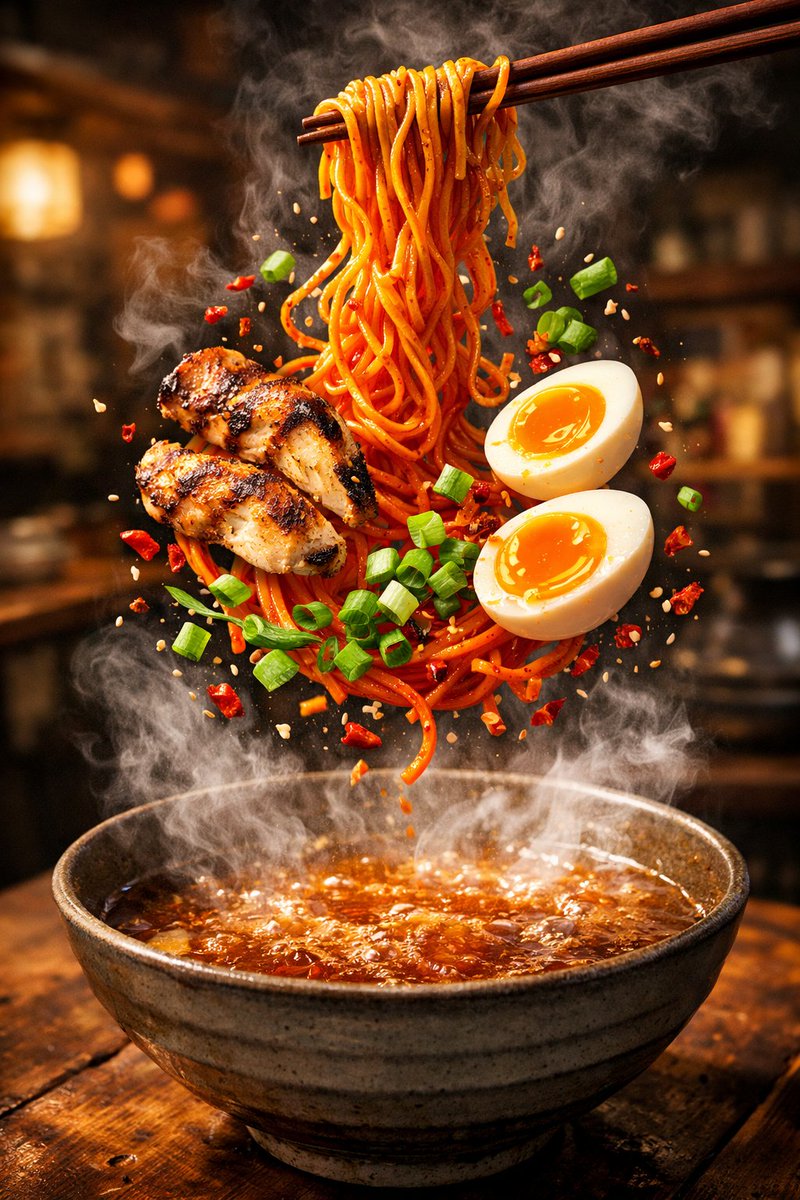 Cinematic Food Commercial Shot of Deconstructed Buldak Ramen 2