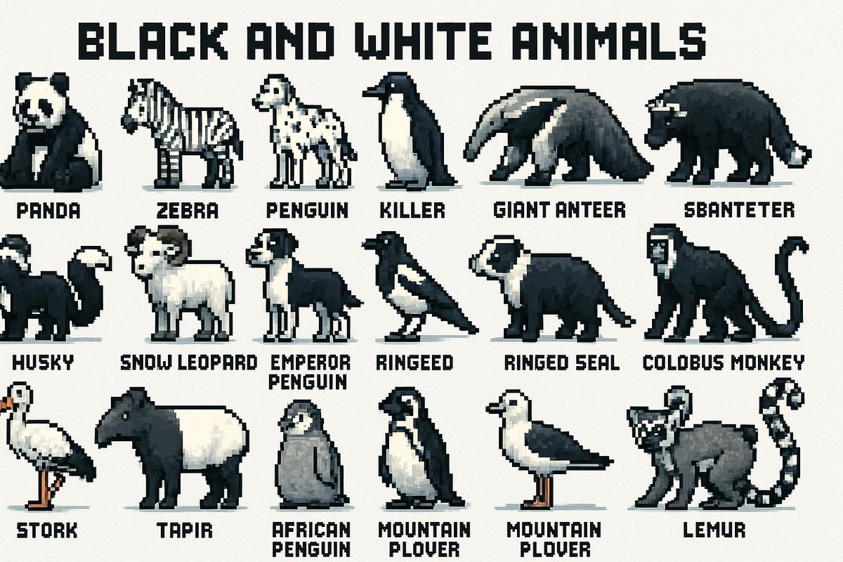 16-bit pixel art poster of black-and-white animals 4