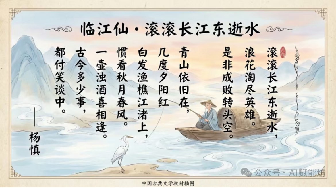 Textbook-style illustration for the poem “Linjiangxian” 1