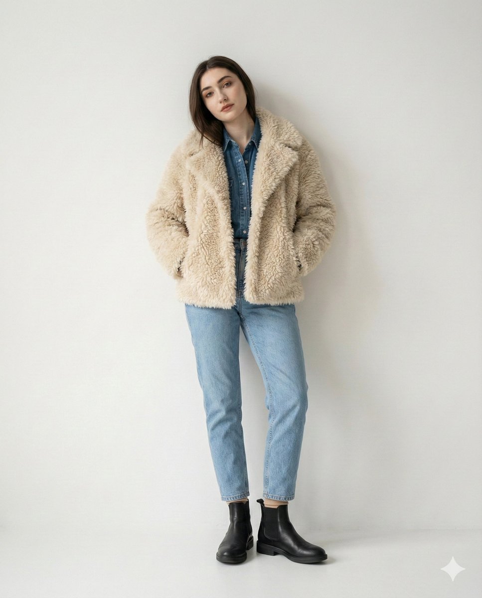 Editorial denim portrait preserving face identity 2