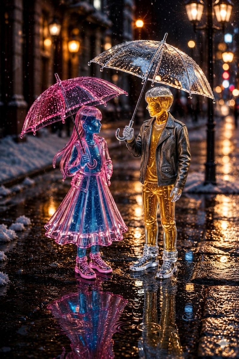 Whimsical Glass Couple in Winter Snowfall 1