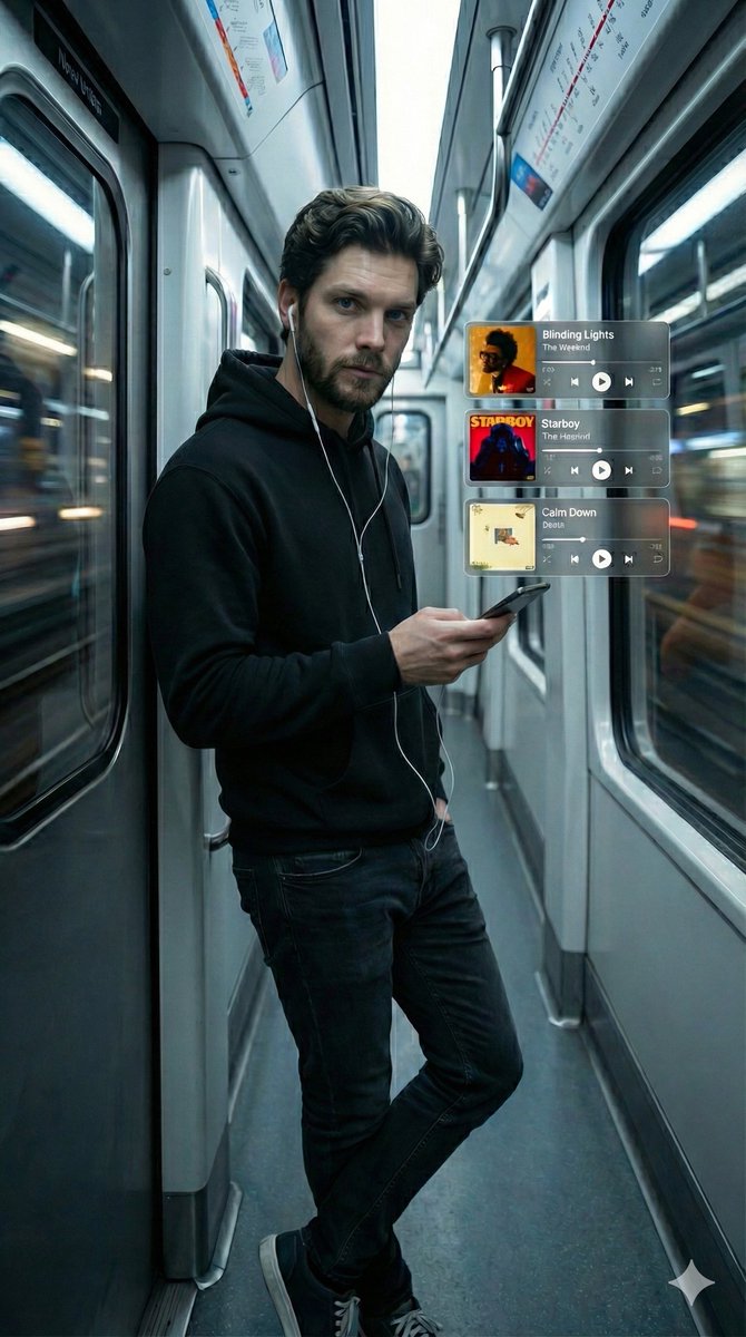 Cinematic Subway Portrait with Holographic Music UI 1