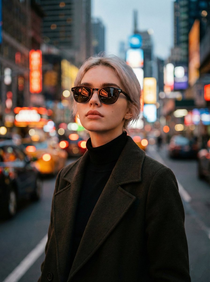 Cinematic Twilight City Portrait with Neon Reflections 1