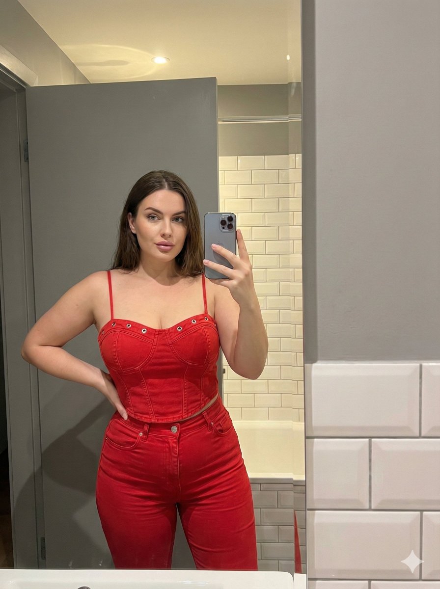 8K Mirror Selfie in Red Denim Corset and Jeans 1