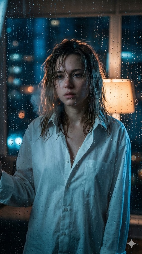 Cinematic Voyeuristic Portrait through Rain-Streaked Window 1