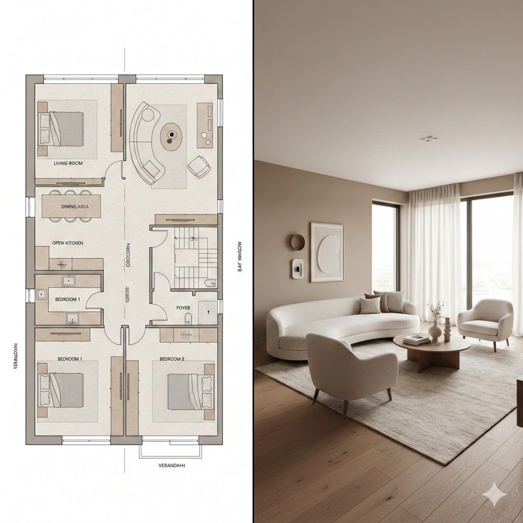 Prompt for Generating Architectural Floor Plan and Photorealistic Interior Comparison 1