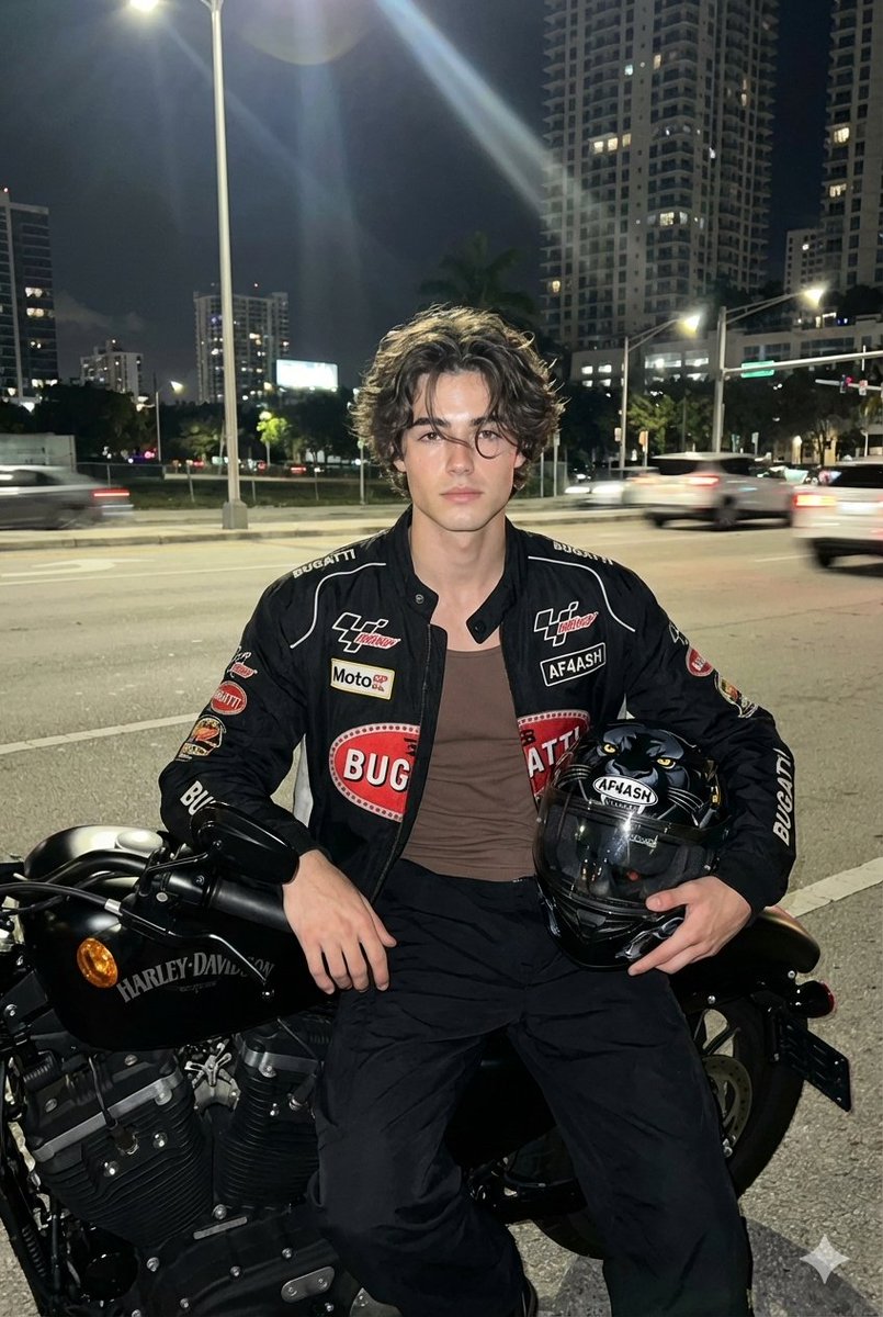 Nighttime Motorcycle Photo with Face Replacement Prompt 1