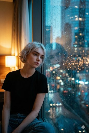 Introspective Cinematic Portrait at a Rainy Window 1
