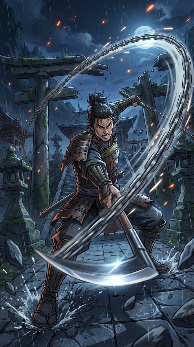 Kusarigama Warrior Dynamic Battle Scene Prompt 4