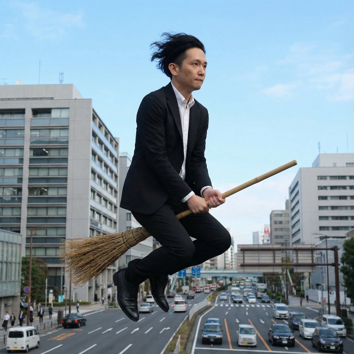 Commuting on a Flying Broomstick in a Suit 1