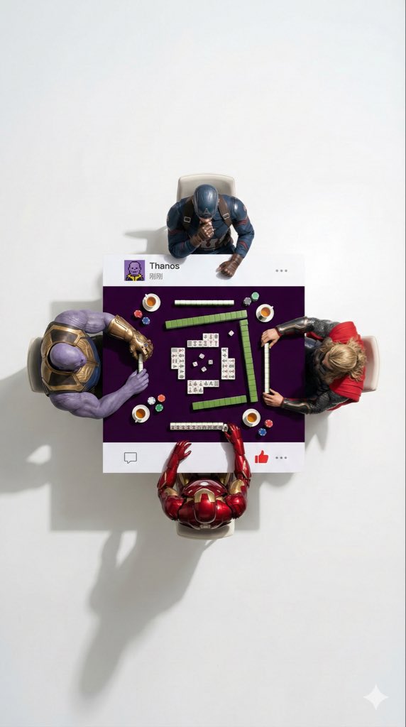 Overhead Superhero Mahjong Scene Prompt (WeChat Moments Style) 2
