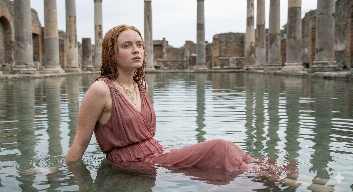 Sadie Sink in Grecian Dress in Ancient Ruins 3