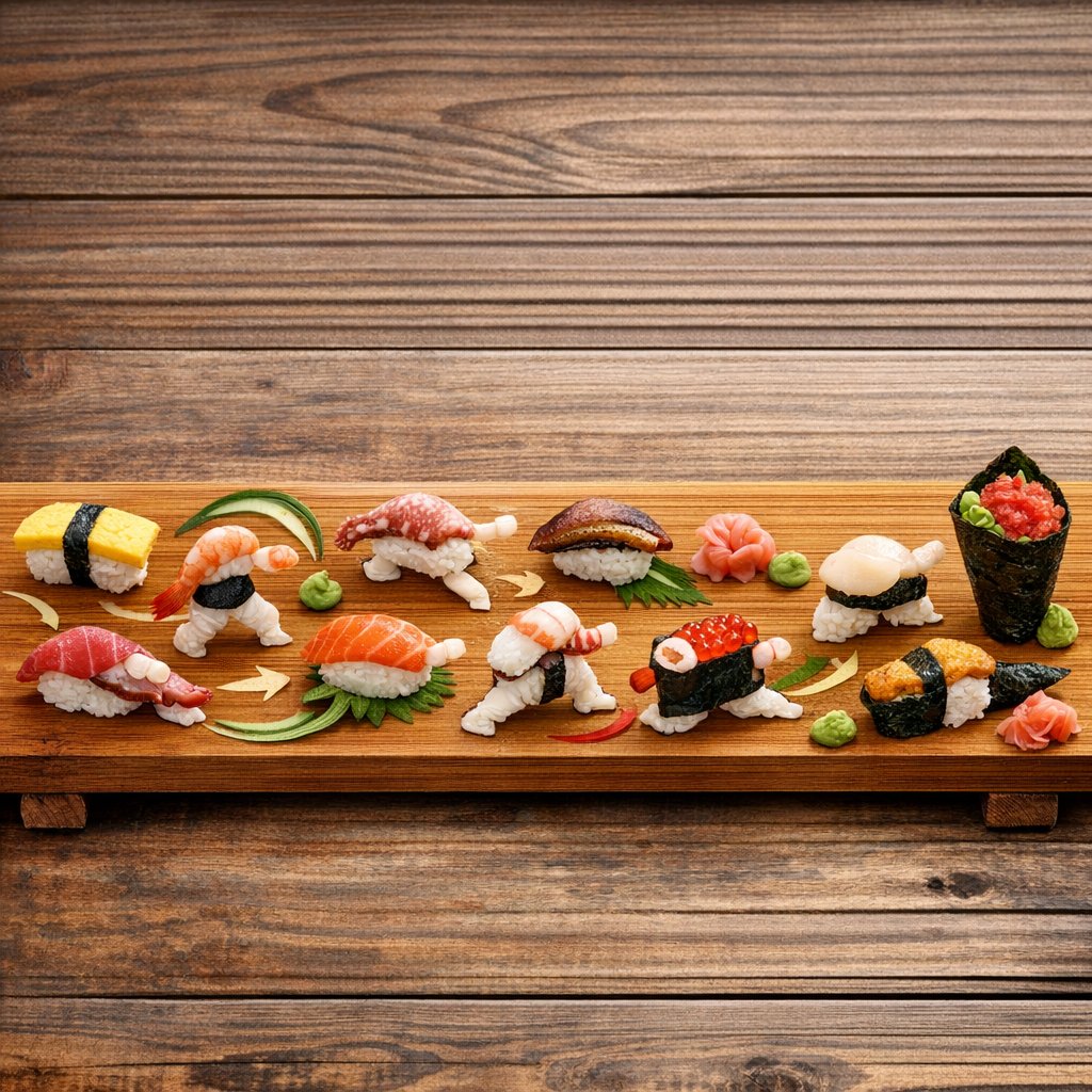 Sushi Kata/Forms Movement Arrangement on a Wooden Board 2