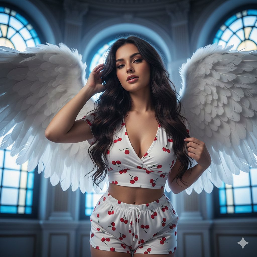 Flirtatious angel warrior portrait with low-angle framing 1