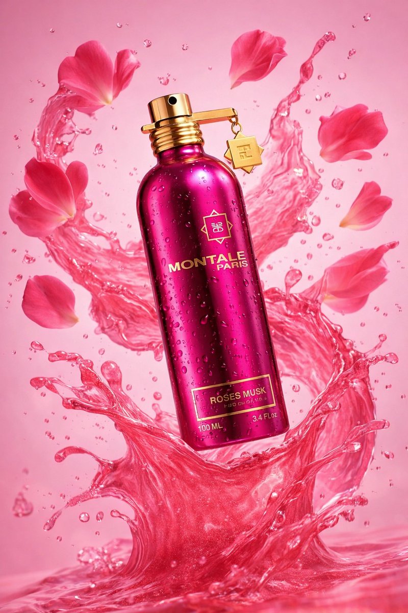 Luxury Product Photography of Perfume Bottle with Floating Flowers 1