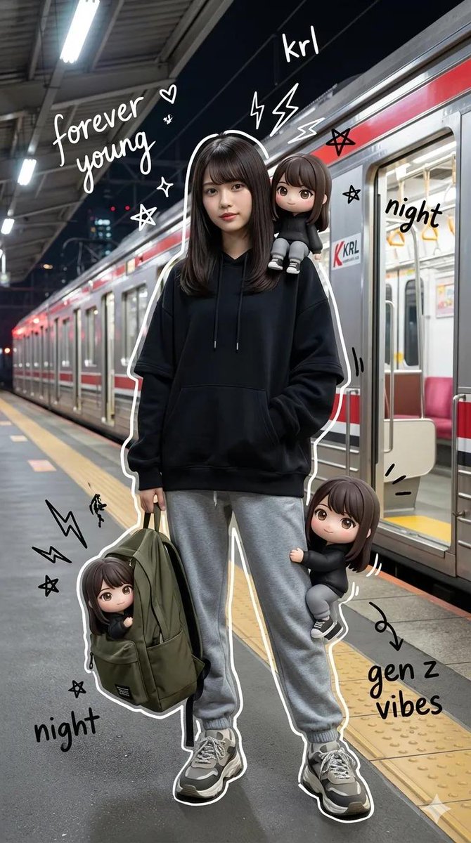 Mixed-Media Portrait with Chibi Overlays at Night Train Station 1