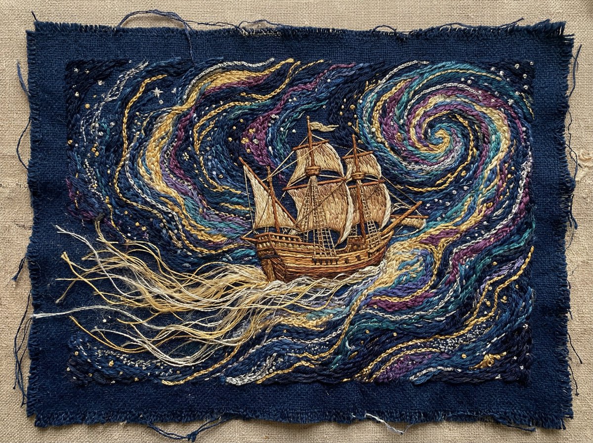 Tactile Embroidered Tapestry of a Ship in Nebulae 4