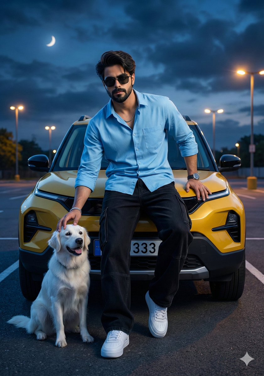 Cinematic Night Fashion Portrait with Luxury SUV and Dog 1