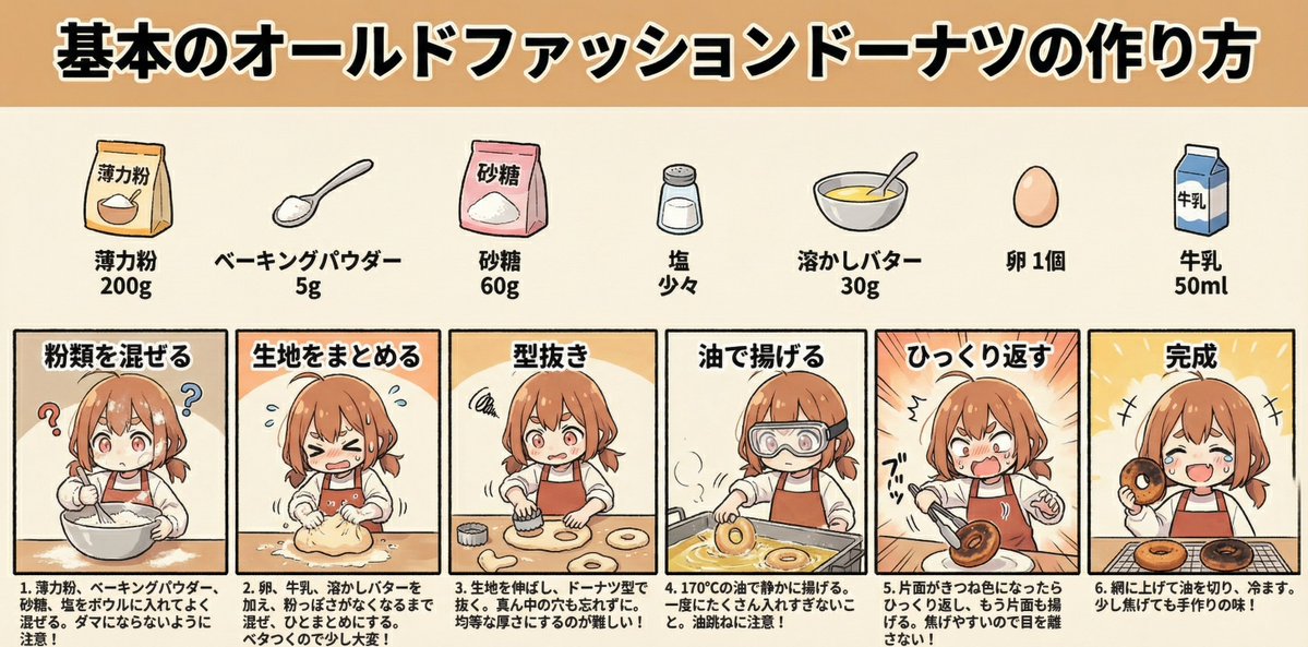 Infographic Generation for Old-Fashioned Donuts with Character Skill Variation 1