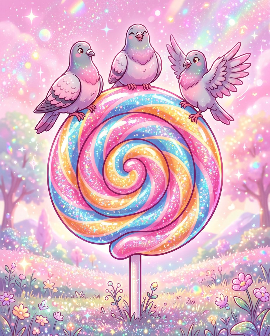 Whimsical Lollipop and Pigeons Illustration 1